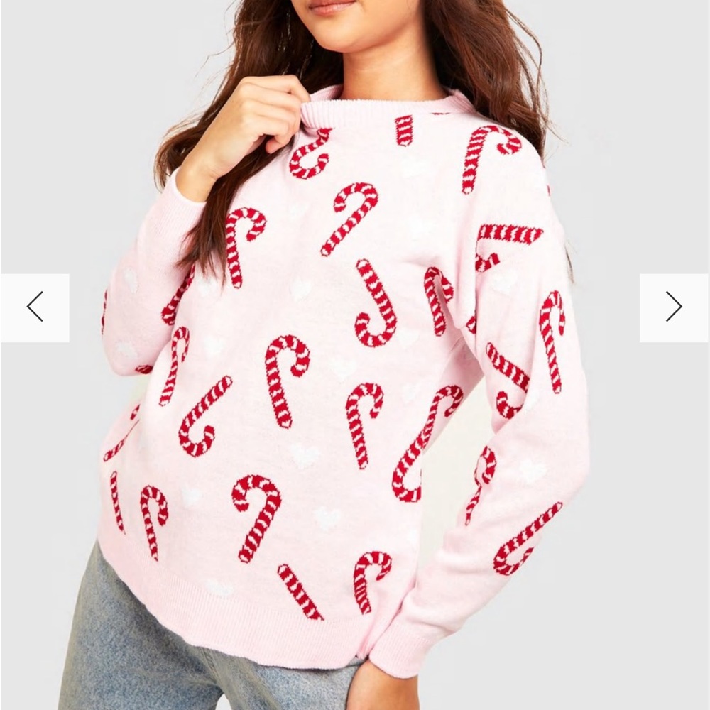 Selling Boohoo candy cane pink sweater. Brand new with tags. Didn’t fit me.